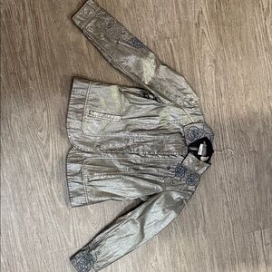 Chico's Metallic Silver Jean Jacket with Navy Floral Embroidery